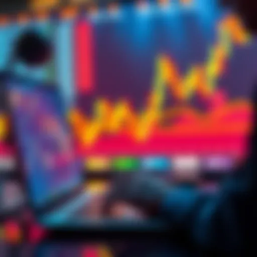 A person analyzing XRP charts and financial news on a laptop, with a financial graph showing fluctuations in the background.