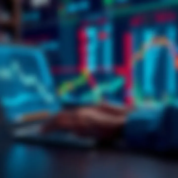 A person analyzing XRP market trends on a laptop, with graphs showing price dips and potential gains, aiming to buy more tokens.