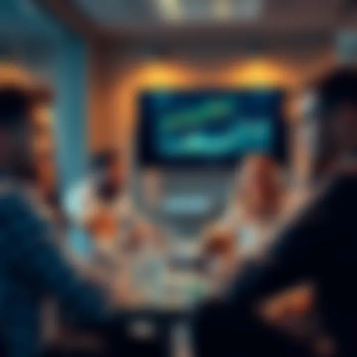 A group of people discussing investment strategies for XRP in a casual setting, with charts and graphs on a screen in the background