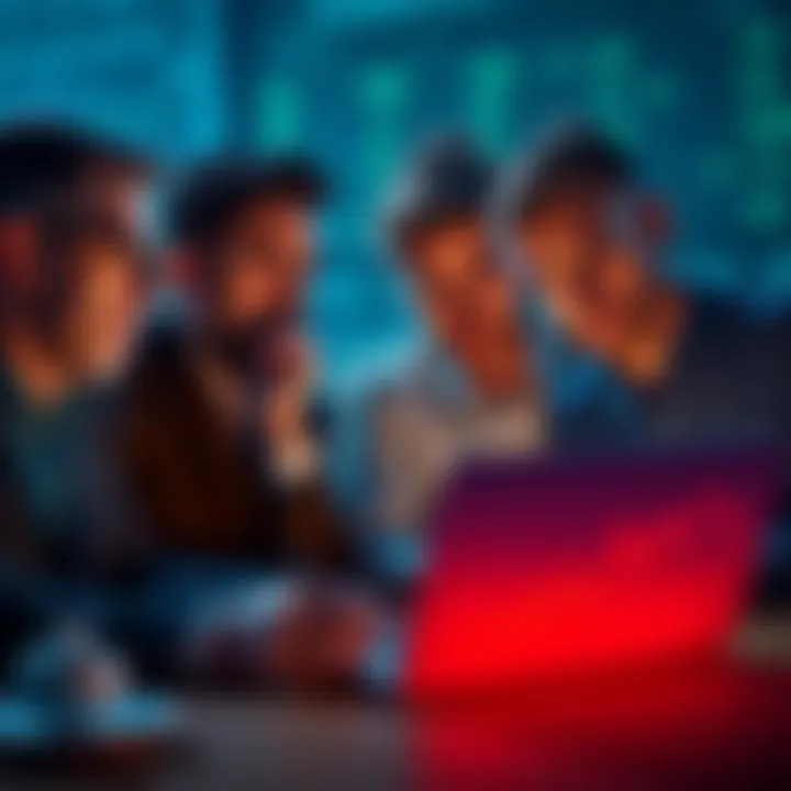 A group of investors looking at charts on a laptop, showing stagnant XRP prices, with concerned expressions