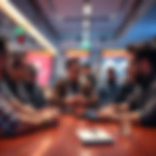 A group of experienced XRP investors discussing their strategies and experiences in a casual setting, showing a mix of determination and hope amid a fluctuating market.