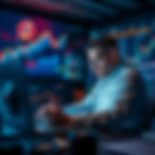 A financial analyst looks at XRP charts, predicting a significant price increase, surrounded by graphs and data analysis tools.