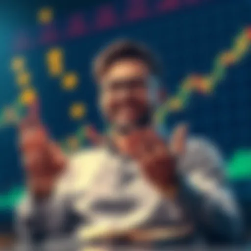 A person cheerfully calculating profits on XRP, with digital coins and a graph showing rising prices in the background.