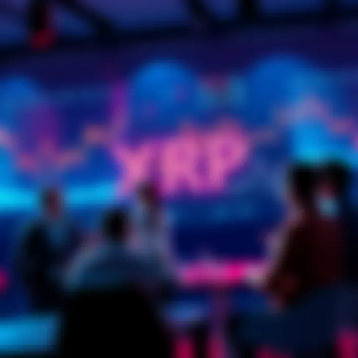 Group of people discussing XRP investment strategies with charts and graphs in the background