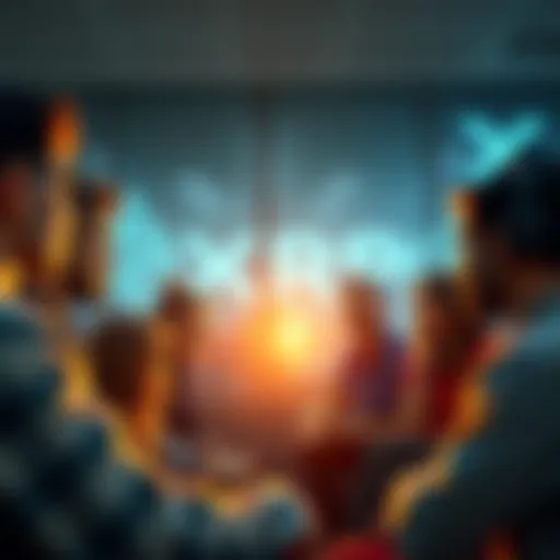 A group of people engaging in a lively discussion about XRP, showing mixed reactions of support and skepticism.
