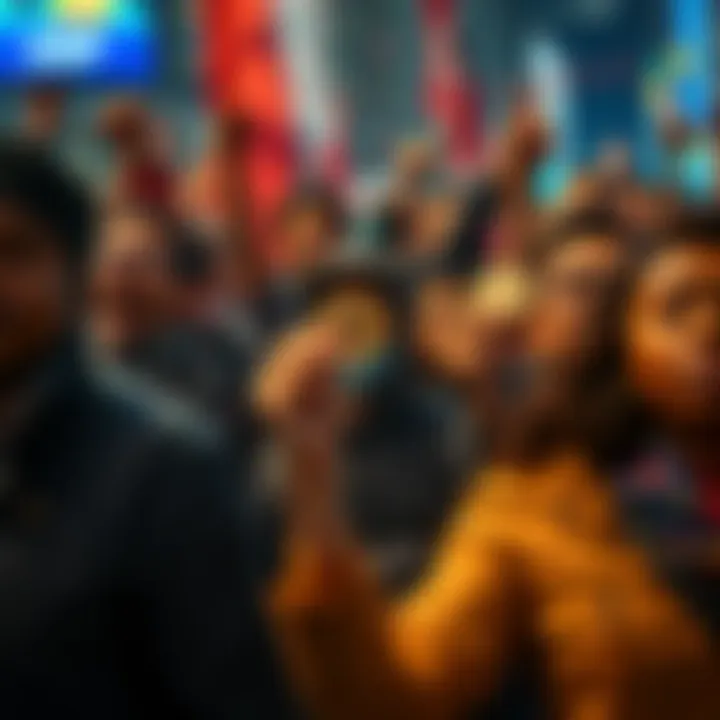 A group of diverse people holding XRP tokens, displaying determination and unity in a rally atmosphere.