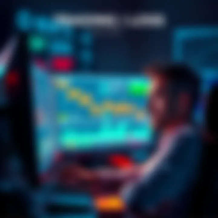 A worried trader looking at a computer screen showing declining XRP prices and transaction fees.