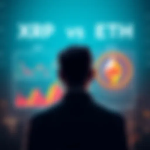 A person contemplating investment options between XRP and ETH, with two charts comparing the two cryptocurrencies, showing potential risks and rewards.