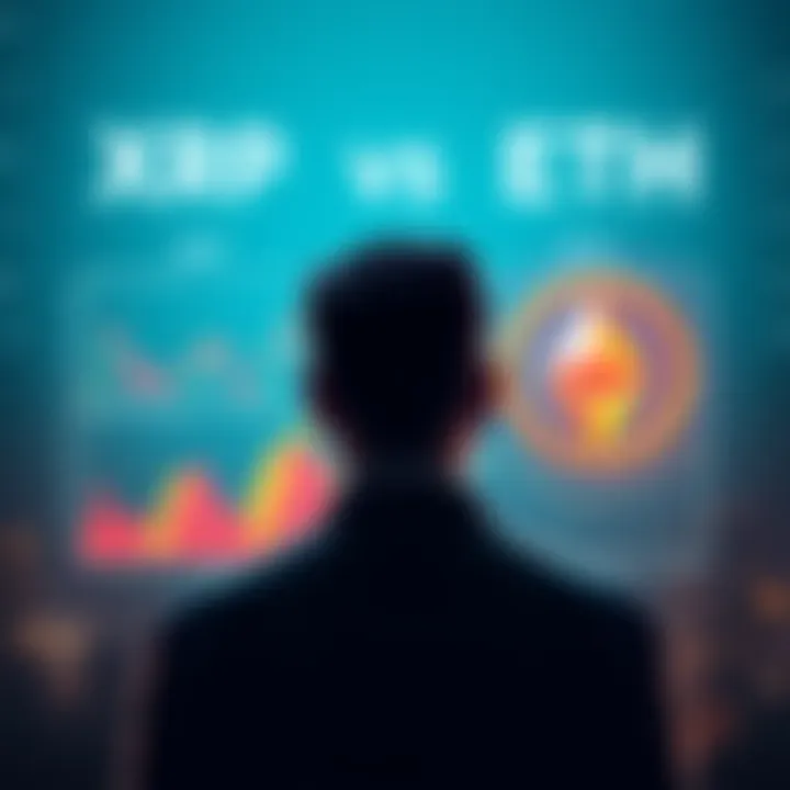 A person contemplating investment options between XRP and ETH, with two charts comparing the two cryptocurrencies, showing potential risks and rewards.