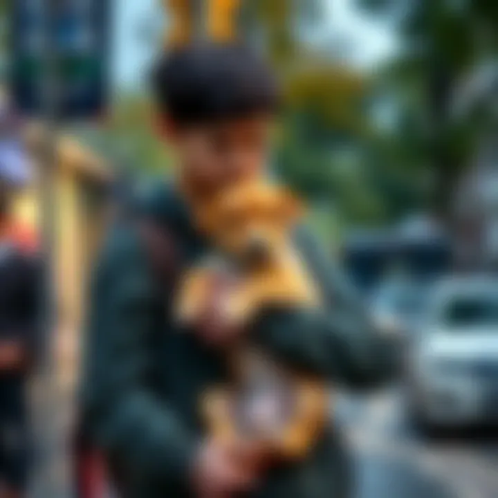 A young adult holding their puppy tightly while walking on a city street, showing concern and love for their pet.
