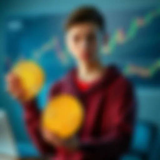 A 19-year-old holding a Bitcoin symbol with a laptop and charts in the background, representing cryptocurrency investment