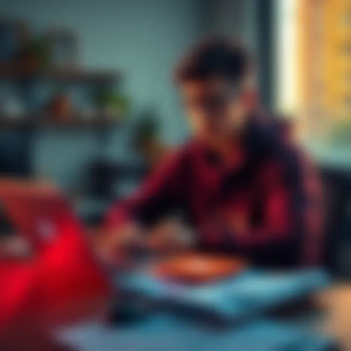 A 25-year-old sitting at a desk with a laptop, calculator, and rental property plans, considering investment in XRP and savings for a home