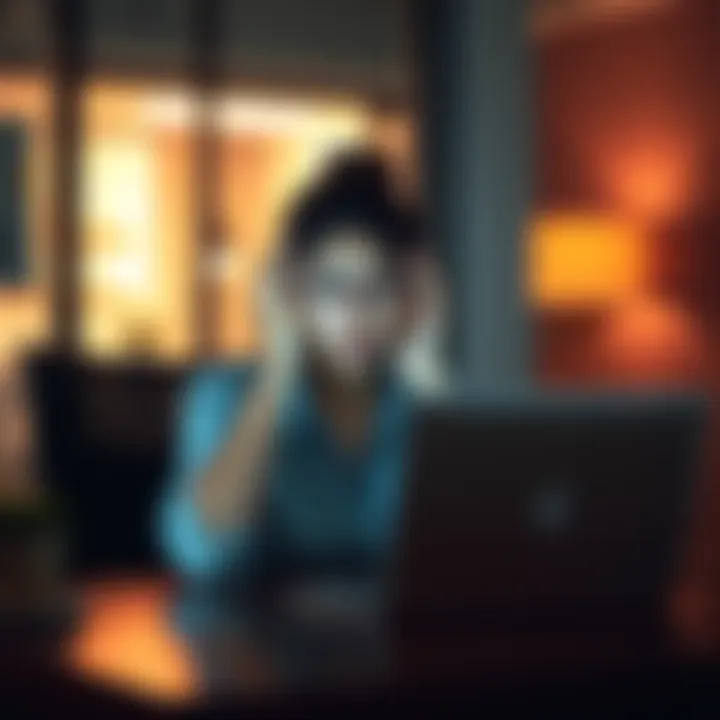 A young woman sitting at a desk, looking stressed while staring at her laptop, symbolizing the emotional impact of online scams.