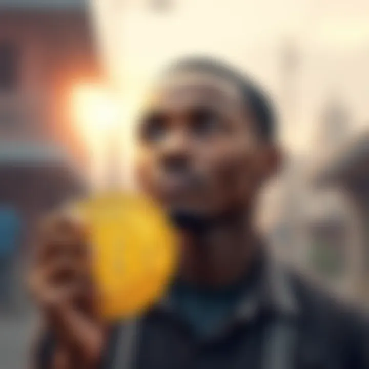 Young African Dreaming of Investing A young African man looking hopeful while holding a Bitcoin symbol, representing his ambition to invest in cryptocurrency despite earning $4 a day.