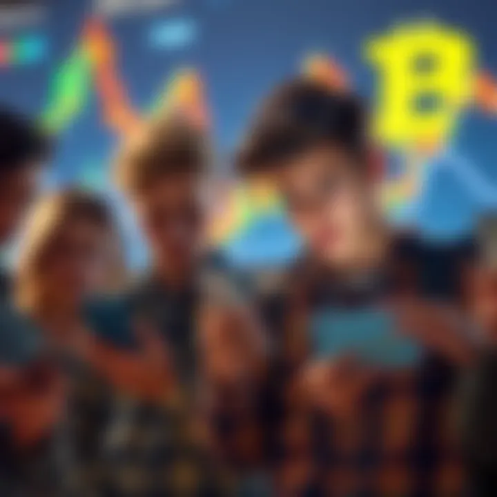 A group of young Australians looking at Bitcoin charts on their smartphones, expressing regret over missed investment opportunities, with a digital currency theme in the background.