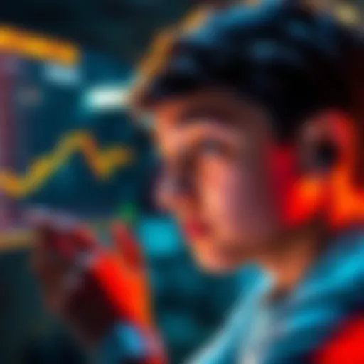 An 18-year-old looking at a phone display showing cryptocurrency charts, contemplating an investment decision.