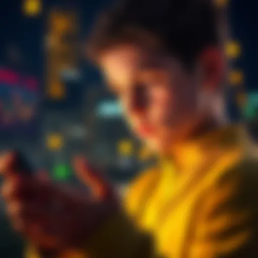 A young person looking at a phone app with Bitcoin charts and graphs, pondering investment options with a thoughtful expression.