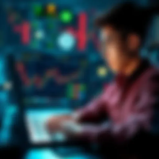 A young person studying cryptocurrency charts on a laptop, surrounded by digital currency symbols and graphs, reflecting the growing interest in crypto among younger generations
