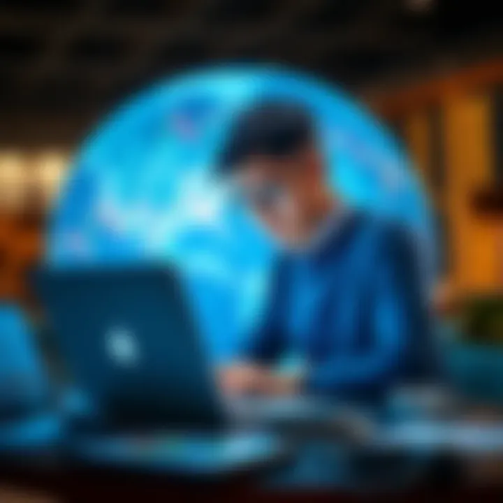 A 28-year-old individual looking at a laptop with financial charts and a globe in the background, symbolizing investment in the global free market.