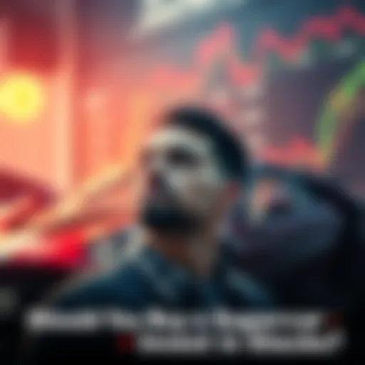 A young man with a thoughtful expression, looking at a flashy supercar, with stock market graphs and meme coin symbols in the background, contemplating his financial choices