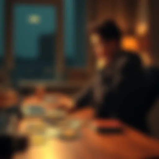 A high school student sits at a desk with a laptop, looking worried as they view the rising Bitcoin chart. A handful of fake IDs are scattered nearby, symbolizing their past hustle.
