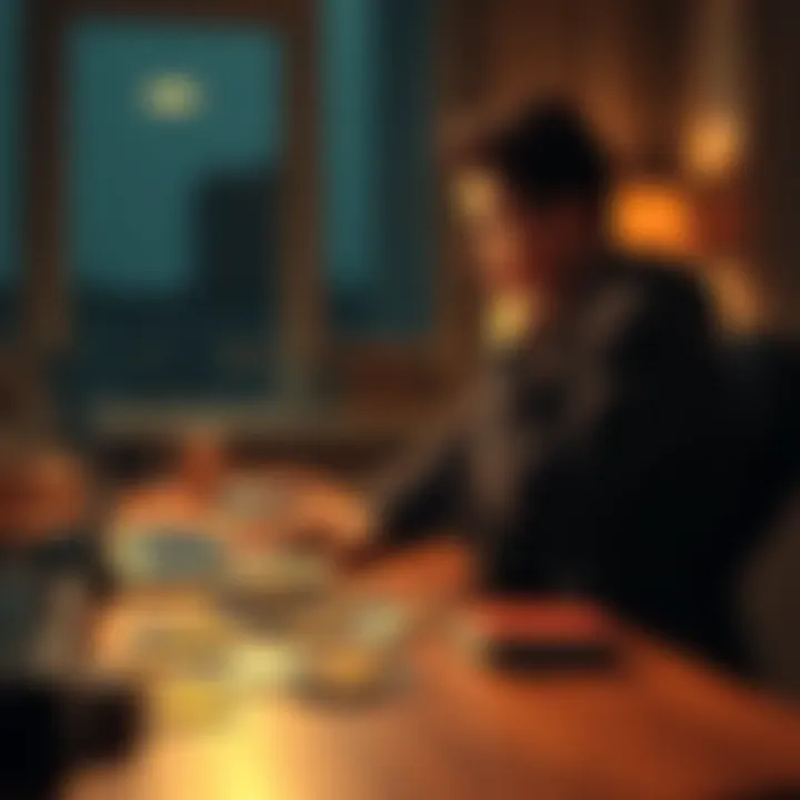 A high school student sits at a desk with a laptop, looking worried as they view the rising Bitcoin chart. A handful of fake IDs are scattered nearby, symbolizing their past hustle.