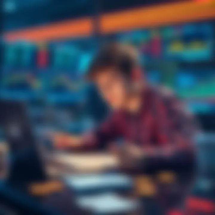 A 20-year-old looking at cryptocurrency charts on a laptop, surrounded by notes and a small budget of $60