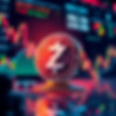 Graphic showing the Zcash logo with market trends and news headlines in the background